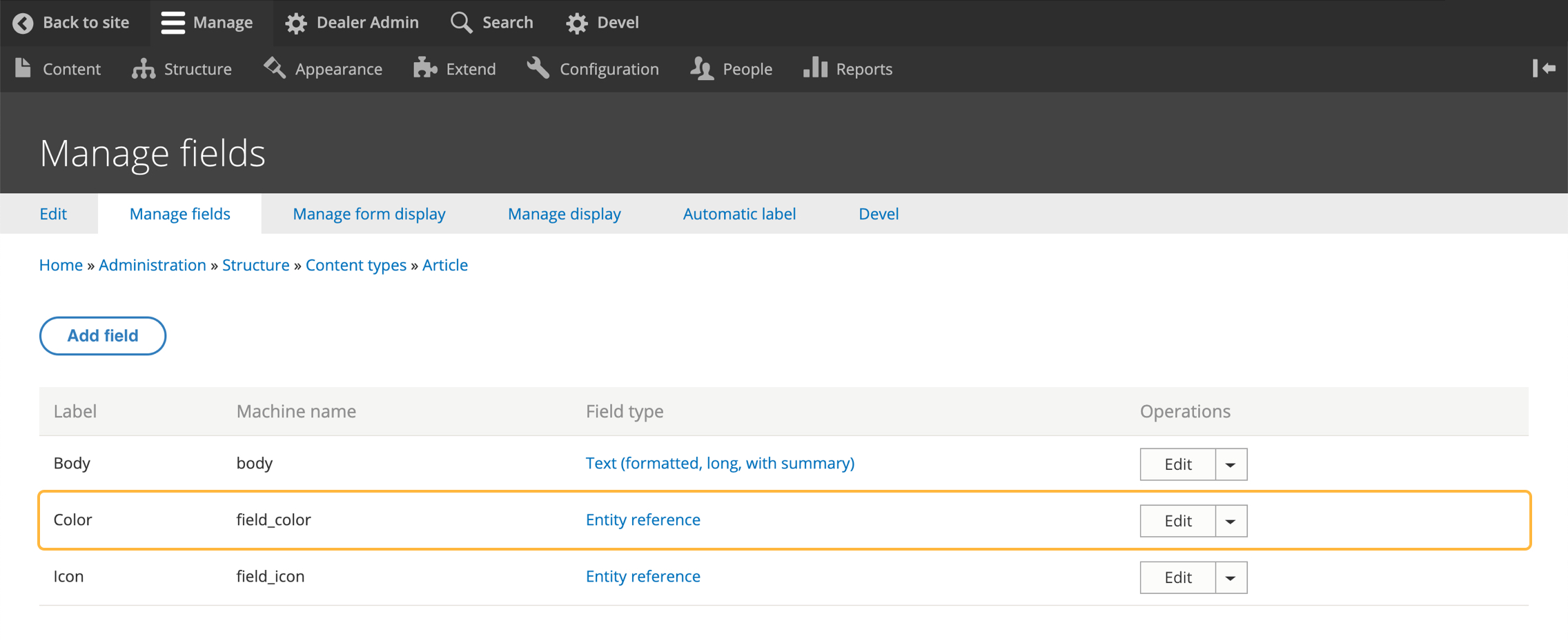 Manage fields screen in Drupal 8