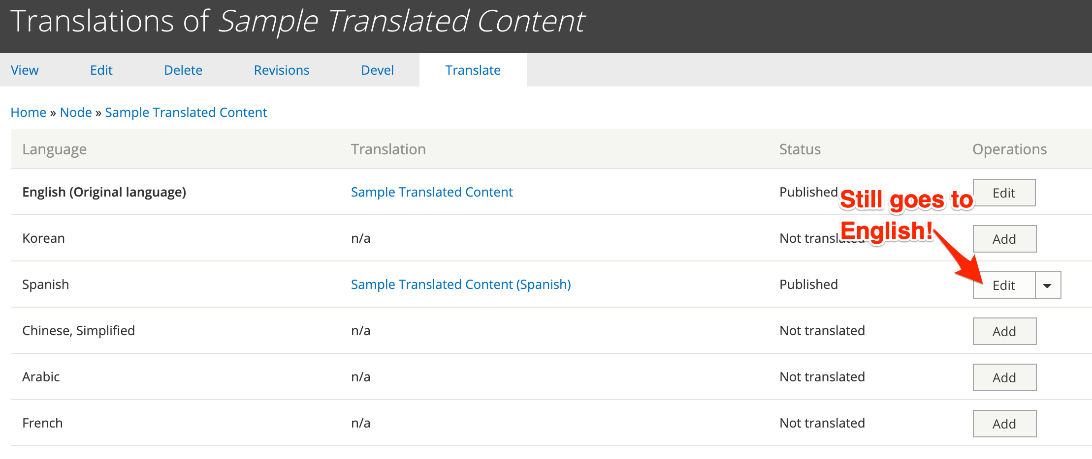 Screenshot of the content edit interface showing attempting to edit a language