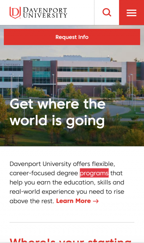 Mobile version of Davenport University website homepage, with tagline "Get where the world is going"