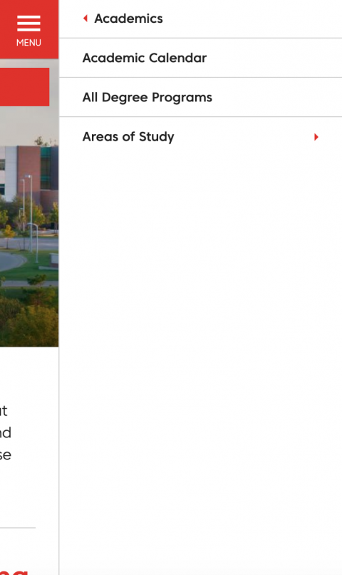 Open mobile menu showing second level of links for Davenport University