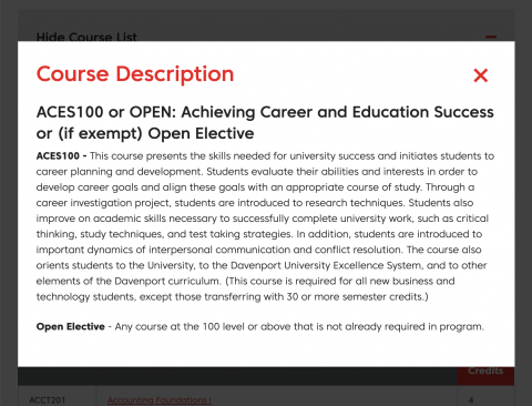 Course description popup window for Davenport University program list