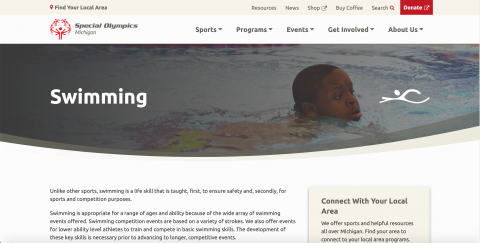 Special Olympics Michigan Swimming webpage