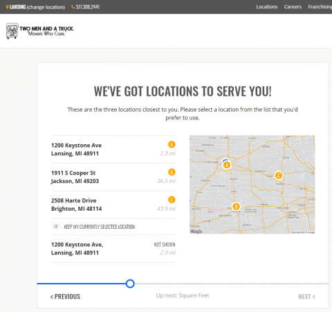 Two Men and a Truck Quote Form Location Finder