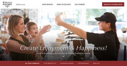 Above the fold homepage for Kilwins Franchising