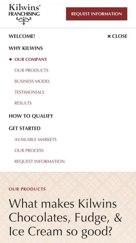 Internal navigation menu for Kilwins Franchising