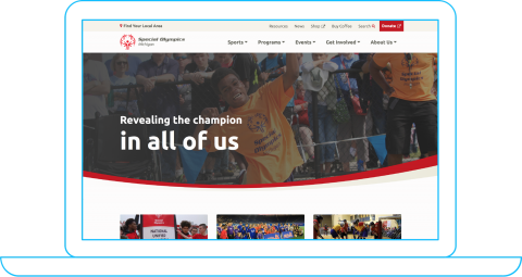 Special Olympics Homepage with tagline, Revealing the champion in all of us