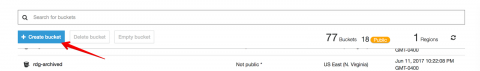 Create bucket button on s3 console