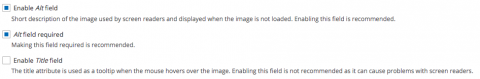 Drupal alt text settings, with "Enable Alt field" and "Alt field required" checked, "Enable Title field" unchecked.
