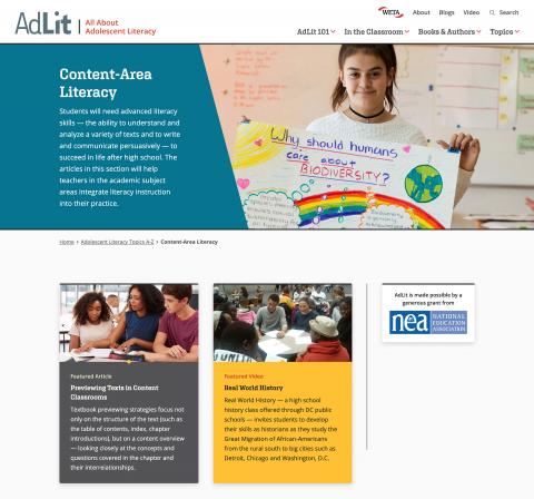 Content-area Literacy Topics page, desktop layout