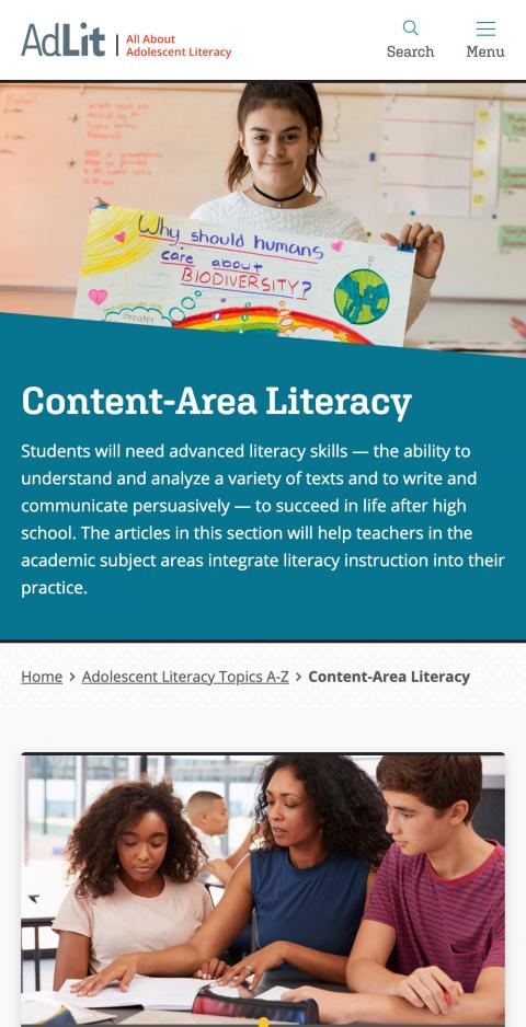 Content-area Literacy Topics page, mobile layout