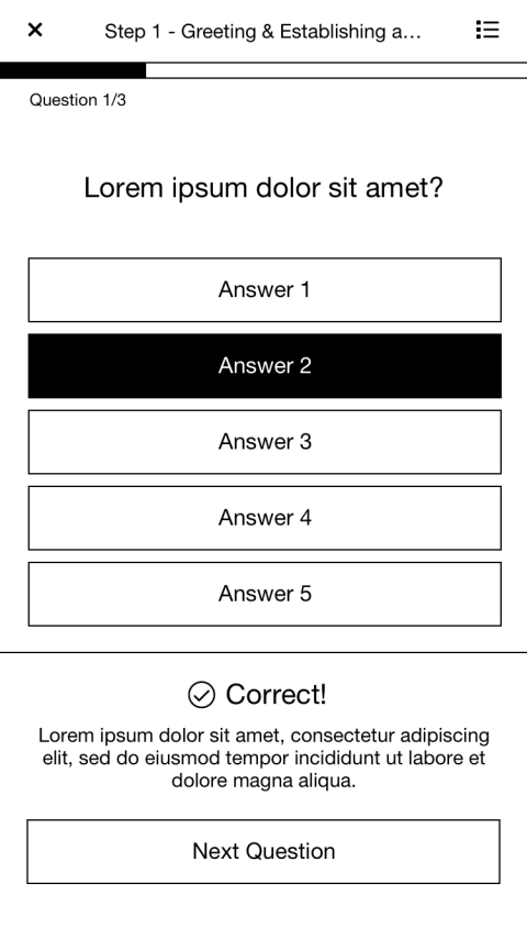 Alert stating whether the selected quiz answer is correct or incorrect.