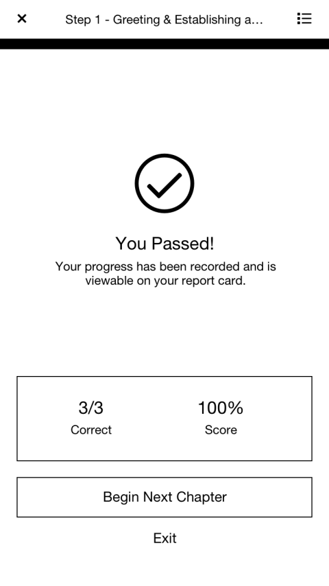 Quiz results screen stating whether the user has passed or failed the quiz.