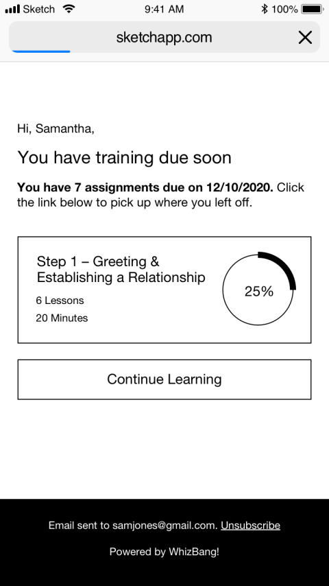 An email notification with a link to training that's due soon.