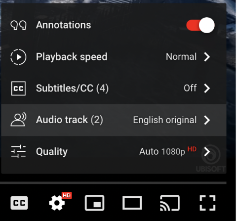 YouTube player settings menu, Audio track list item highlighted, showing "English original" as selected audio