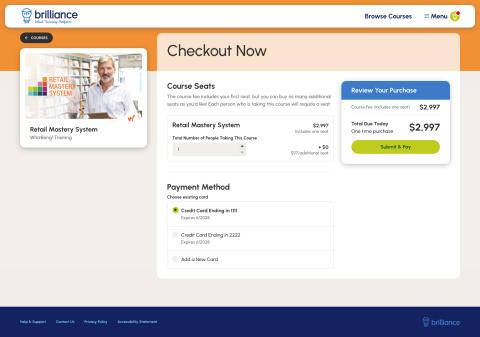 The checkout page allows users to select the number of seats they'd like to purchase.