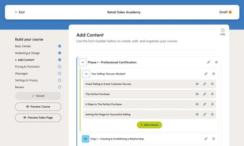 The Content step of the Brilliance Course Creator allows editors to add text and video lessons.