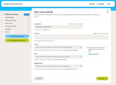The course builder has 6 steps that can be navigated between, preview buttons, and an autosave indicator.