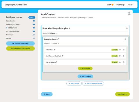 The content step has drag and drop content with status indicators that show when lessons are ready to be published