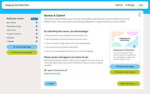 The last step of the course builder explains that the course will go into review.