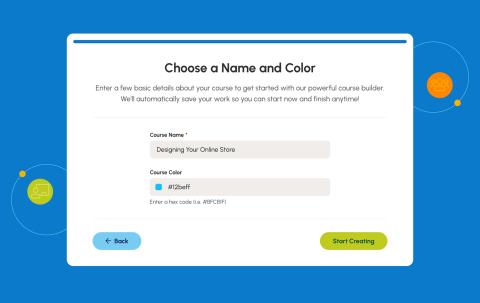 The launcher to the course builder asks the user to name their course and choose a brand color