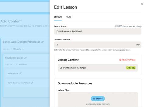 The video's status displays on each lesson