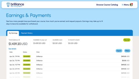 Creators can track their earnings from course sales and request payouts