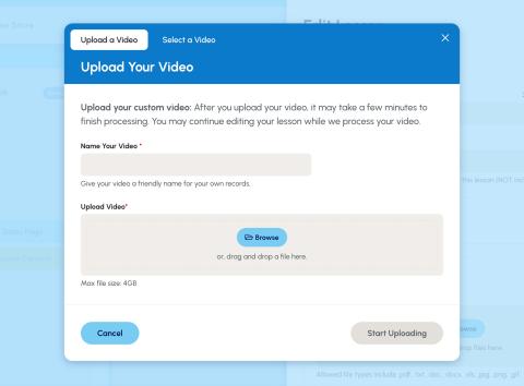 A modal for uploading a video to AWS