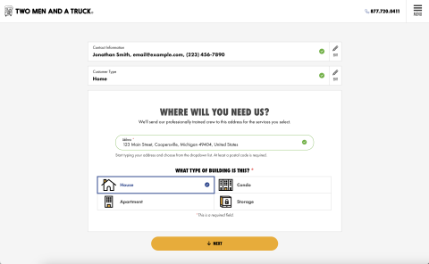 Third step of lead form open, with two previous steps completed and collapsed. Address and building type fields displayed and populated.