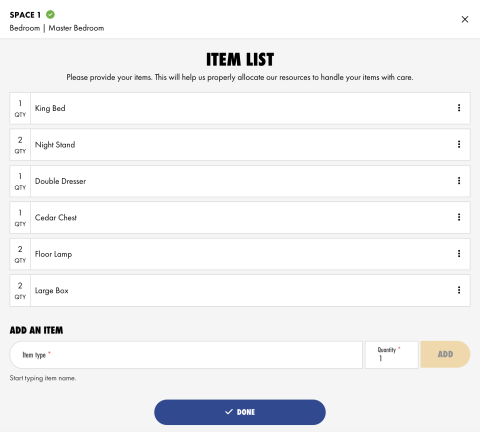 Item List step on inventory form, with list of bedroom furniture and boxes included