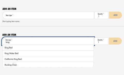 Inventory add item form, in resting and activated states, searching for "king" with list of weighted results
