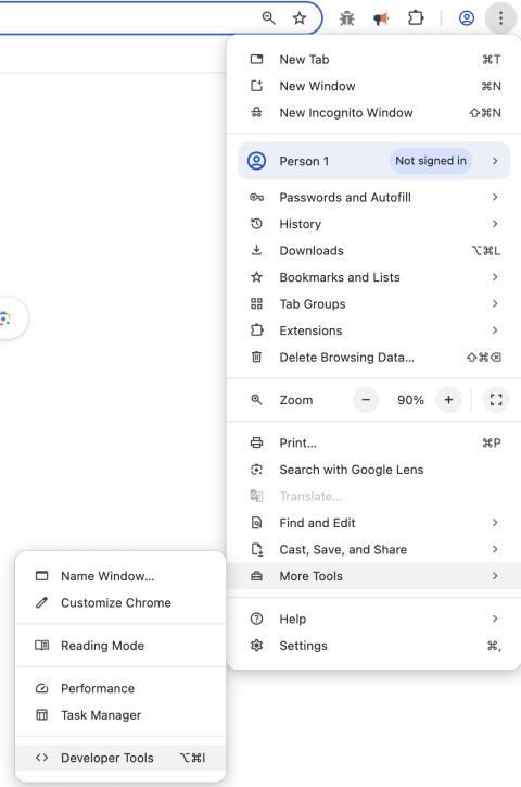 Chrome menu open with “More tools” expanded and “Developer tools” highlighted.