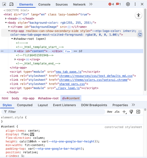 Elements tab showing HTML structure