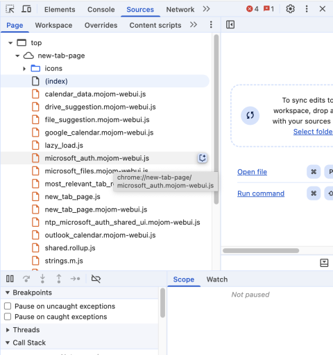 Sources tab showing website files and code