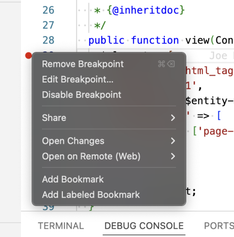 Breakpoint right-click options