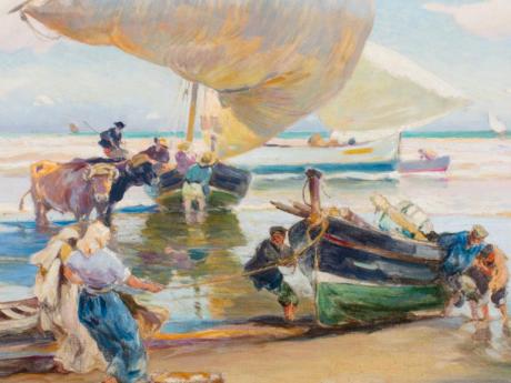 People on the beach pulling sailboats to shore. Two oxen are watching from the background.