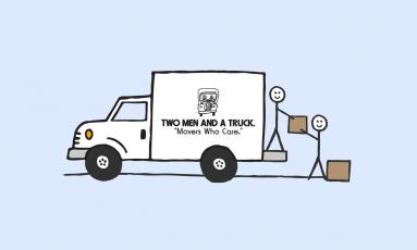 Two stick people load boxes into white cartoon moving truck